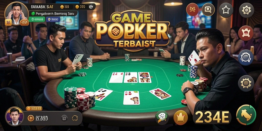 Screenshot gameplay 234E, menunjukkan momen seru di meja poker.