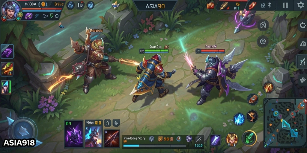 Screenshot gameplay ASIA918 yang menunjukkan aksi seru dalam pertandingan MOBA.
